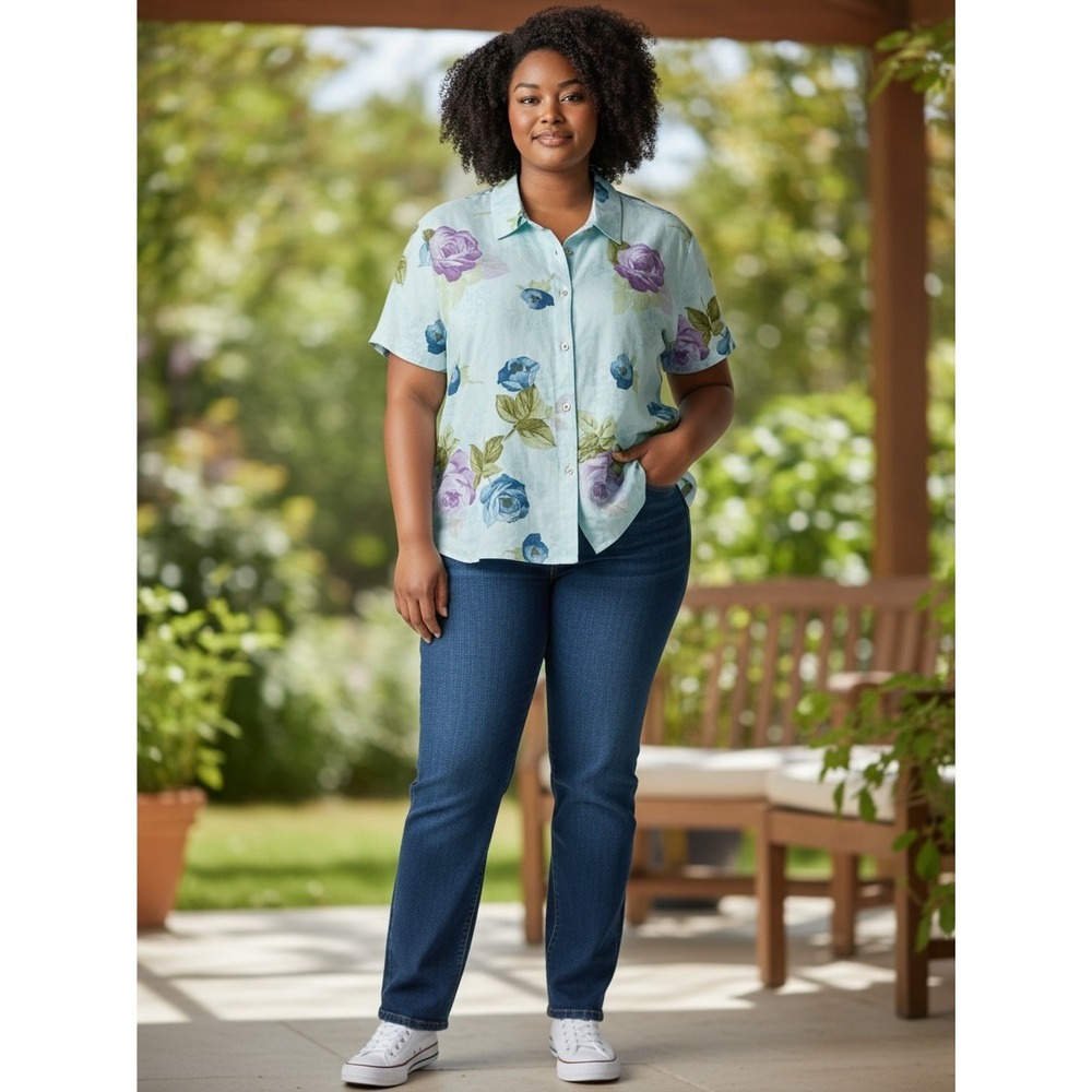 Lemon Grass Shirt Women's XL NWT Floral Linen Cotton Short Sleeve Button Down